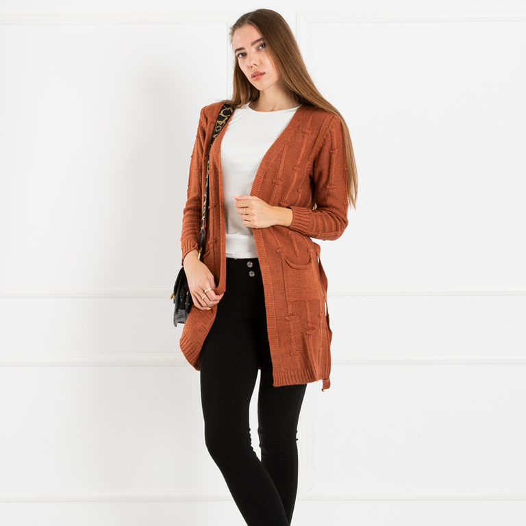 Damen braun gebundener Cardigan mit Taschen - Bekleidung