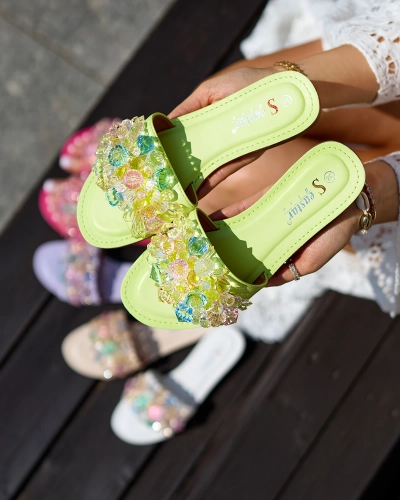 Royalfashion Neongrüne Damen Flip-Flops mit bunten Kristallen Bling Breeze