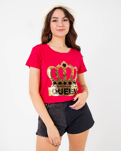 Fuchsia Damen T-Shirt mit Krone und Pailletten - Kleidung