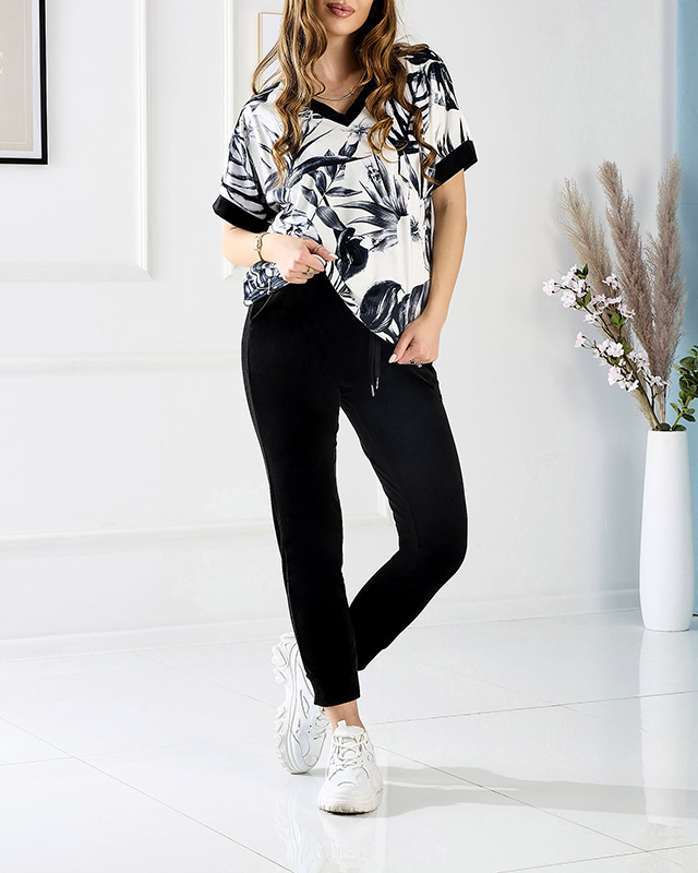 Damen-Velours-Sweatshirt-Set mit Blumenmotiv in Schwarz- Kleidung