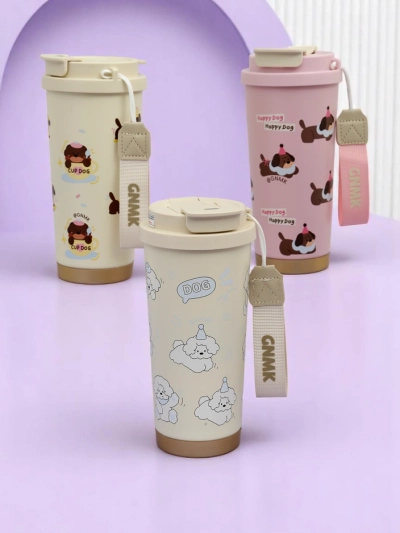 Royalfashion Thermobecher mit einem Korb, Strohhalm und Auslauf Happy Dog