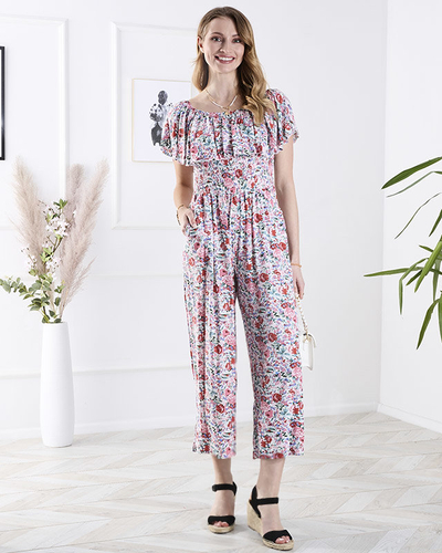 Біло-рожевий довгий жіночий комбінезон з квітковим візерунком - Одяг