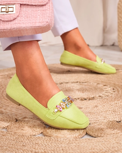 Royalfashion Neongrüne Damen Mokassins mit Kristallen Olkeri