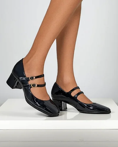 Royalfashion Lackierte Damenpumps auf Blockabsatz mit Riemen Weyy