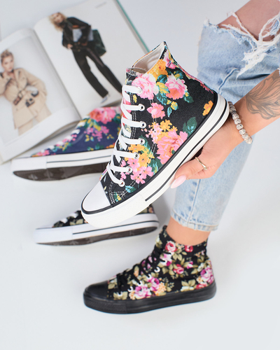 Royalfashion Damen hohe graphitfarbene Sneakers mit bunten Blumen bedruckt Fahenna