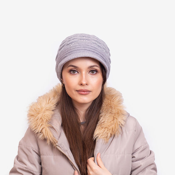 Graue warme Damenmütze mit Perlen - Accessoires