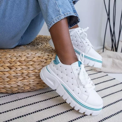 OUTLET Weiße Damen-Sneaker mit grünem Glitzer-Einsatz Jemen - Schuhe