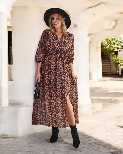 Royalfashion Camel gemustertes Damen-Maxikleid