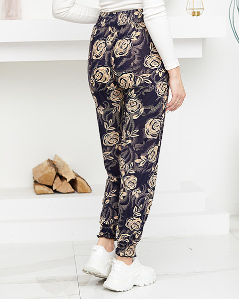 Темно-сині та коричневі жіночі тканинні штани з малюнком - Одяг