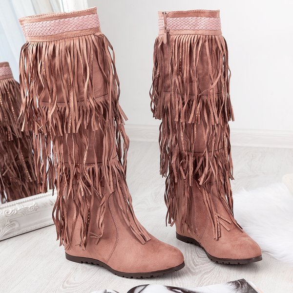 Rosa Stiefel mit Keilabsatz und Bahroma-Fransen - Schuhe
