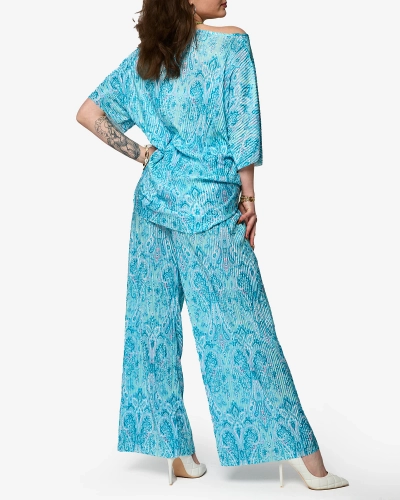 Blaues geripptes Damenset mit Druck - Kleidung