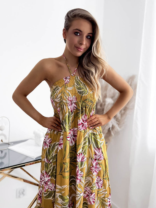 Жовта жіноча сукня міді з квітковим візерунком - Одяг