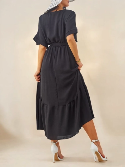 Royalfashion Damen-Midikleid mit kurzen Ärmeln und dekorativen Knöpfen