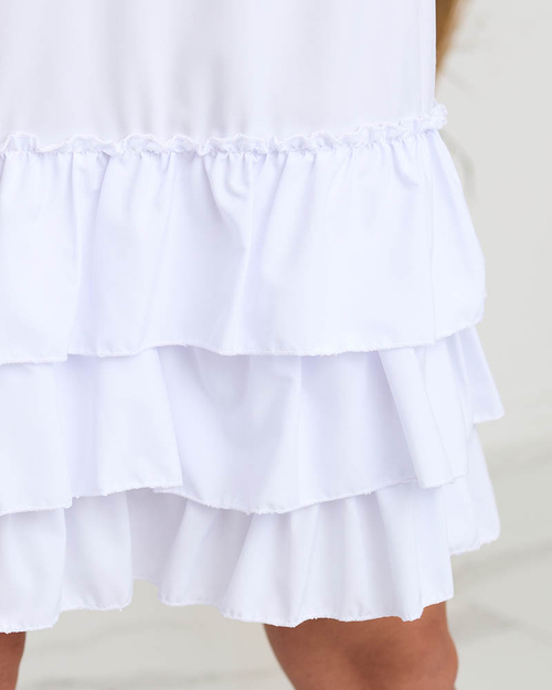 Жіноча біла сукня на бретелях з оборками - Одяг