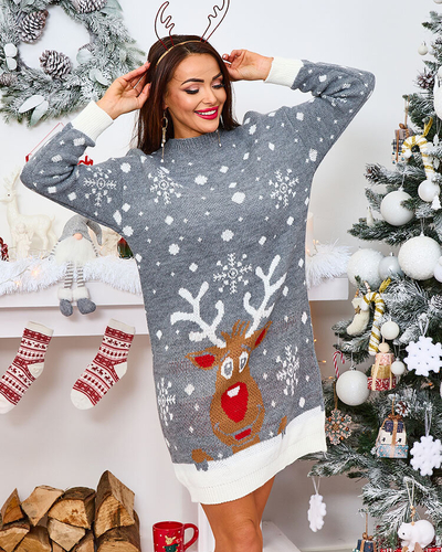 Royalfashion Weihnachten weißer Pullover Damenkleid mit Rentier