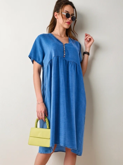 Royalfashion Einfache Damen-Tunika a'la Kleid mit dekorativen Knöpfen, Denim-Typ