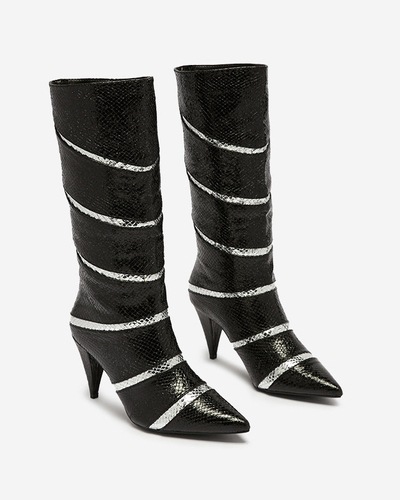 Schwarz-silberne Damenstiefel mit Stöckelabsatz und geprägten Streifen Felifea- Footwear