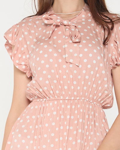 Hellrosa Damenkleid mit gebundenem Polka-Dot-Ausschnitt - Bekleidung