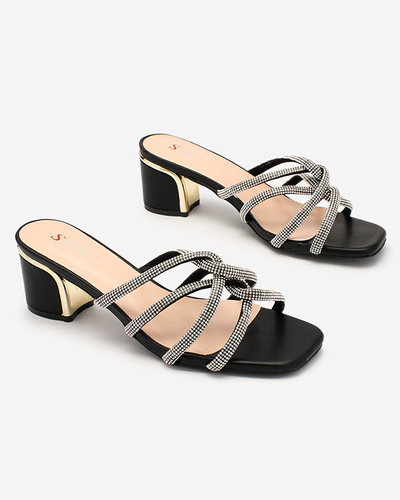 Royalfashion Black Shiny Strides Heeled Flip-Flops mit Zirkonen