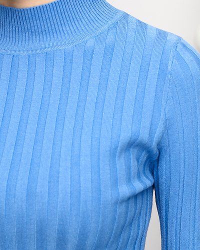 Blauer gerippter Damenpullover mit Stehkragen - Kleidung