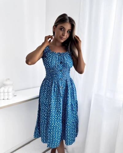Knielanges Damenkleid mit Print in Blau- Kleidung