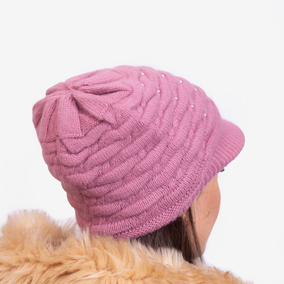 Dunkelrosa warme Damenmütze mit Perlen - Accessoires