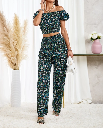 Royalfashion Schwarzes zweiteiliges Set für Damen mit Blumenmuster