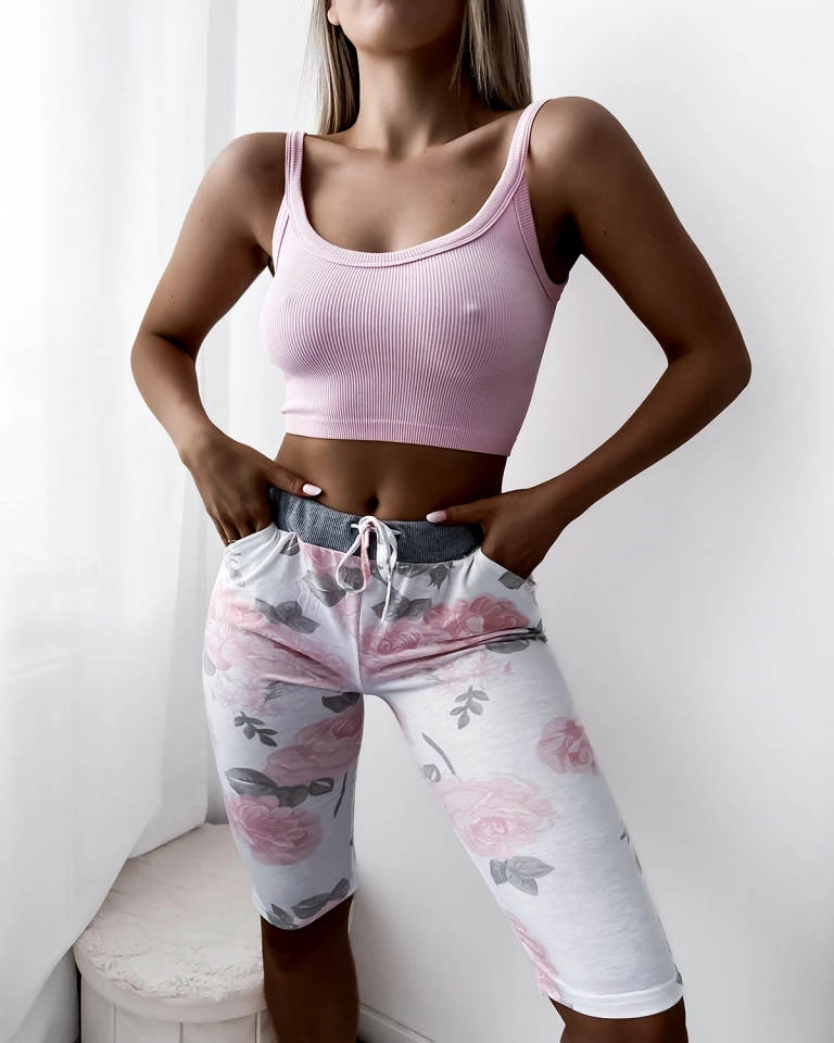 Weiße 3/4-Shorts für Damen mit rosa Blumen - Kleidung