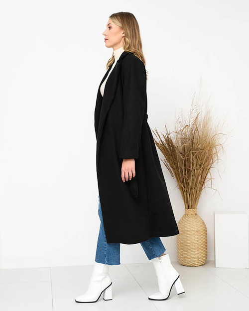 Чорне довге жіноче пальто з поясом - Одяг