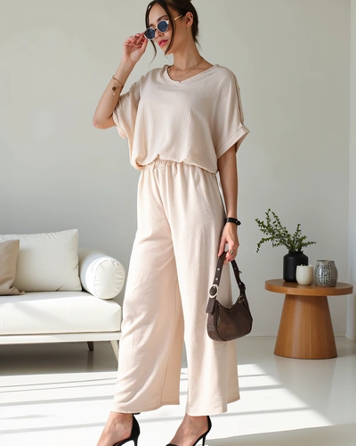 Royalfashion Damen Freizeitanzug mit einer kurzärmligen Bluse und weit geschnittenen Hosen