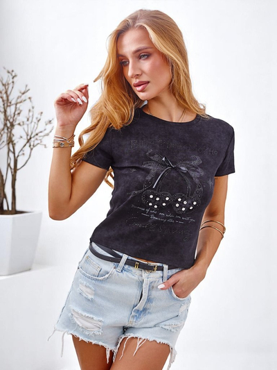 Royalfashion Damen Baumwoll-T-Shirt mit Strasssteinen und Schleife
