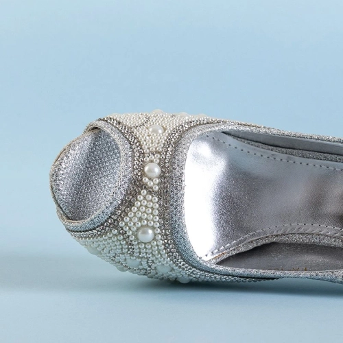 OUTLET Срібні блискучі жіночі високі підбори з фіанітом і перлинами Mira - Взуття