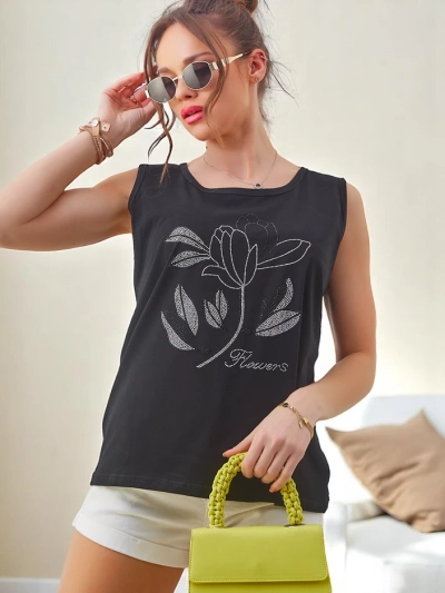 Royalfashion Baumwoll-Damentop mit Strass BLUMEN