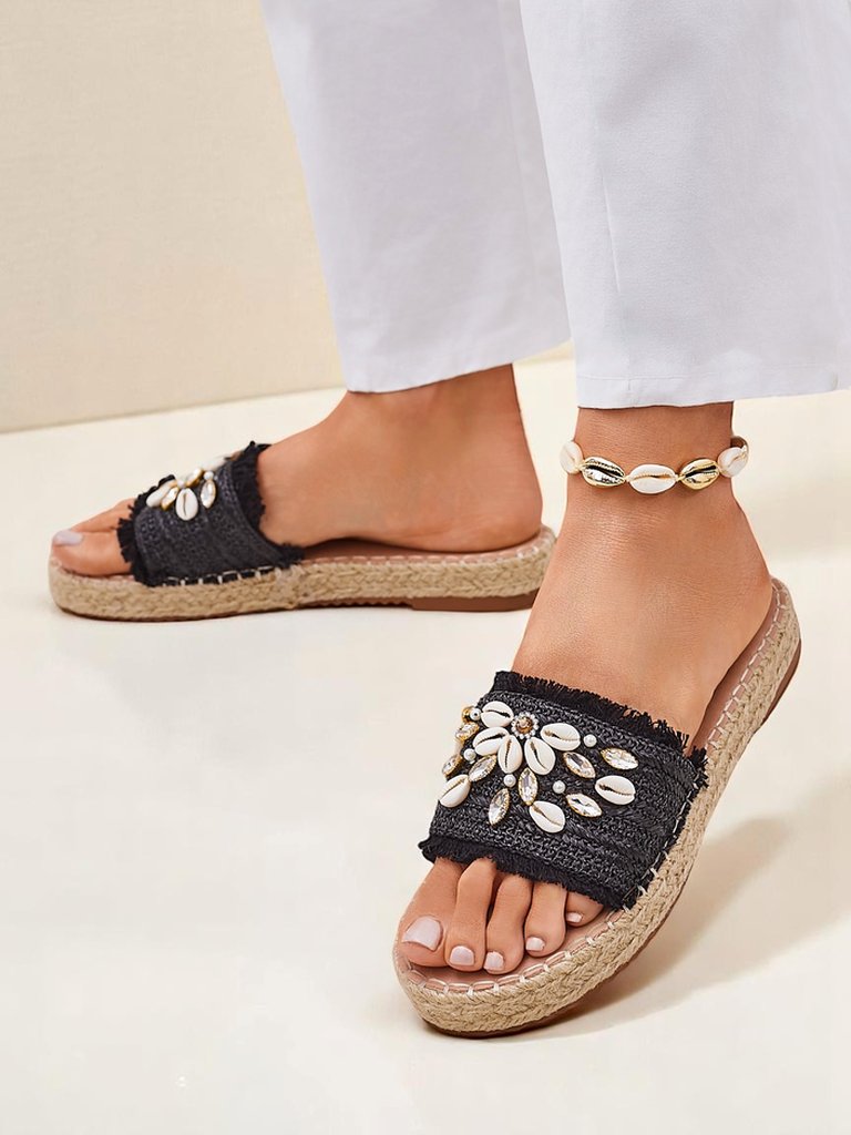 Damen Sandalen Royalfashion Helena Decor schwarze Espadrilles mit Muscheln