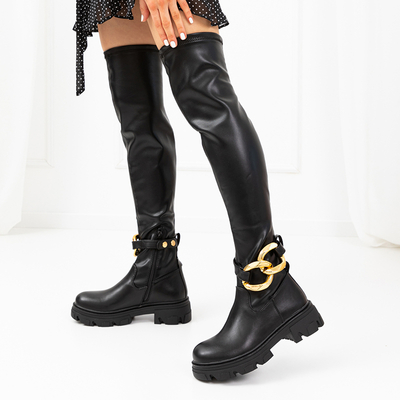 Schwarze Damen Overknee-Stiefel mit flachen Absätzen Mirumi - Schuhe
