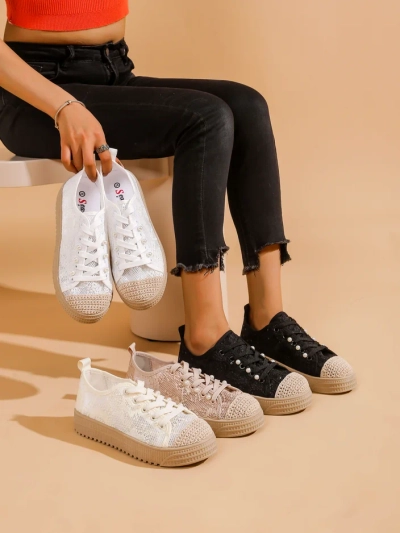 Royalfashion Damen Spitze Sneakers mit Pailletten Nille