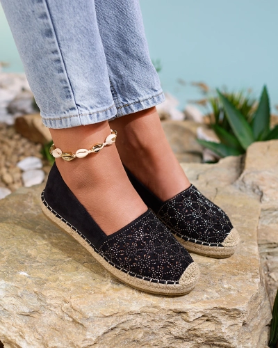 Royalfashion Schwarze Damen-Espadrilles mit Zirkonen Cyrilla