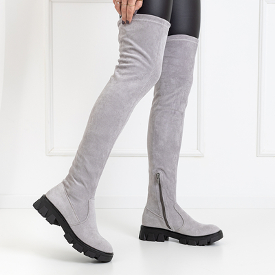 Graue Overknee-Stiefel aus Wildleder mit flachem Absatz Engi- Footwear