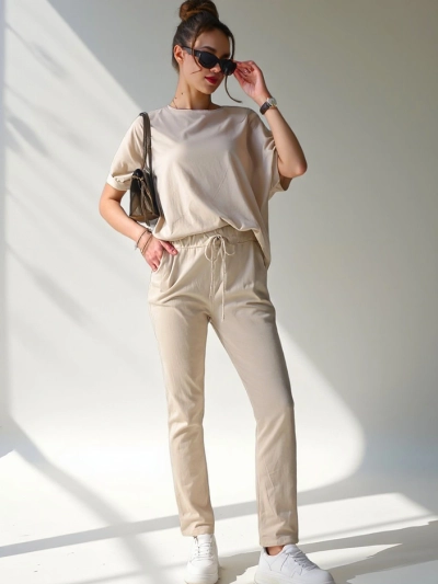Royalfashion Damen Baumwollset mit kurzen Ärmeln und geraden Hosen