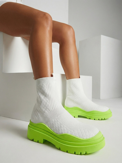 Weiß-grüne Damenstiefel mit flachem Absatz Seritis - Footwear