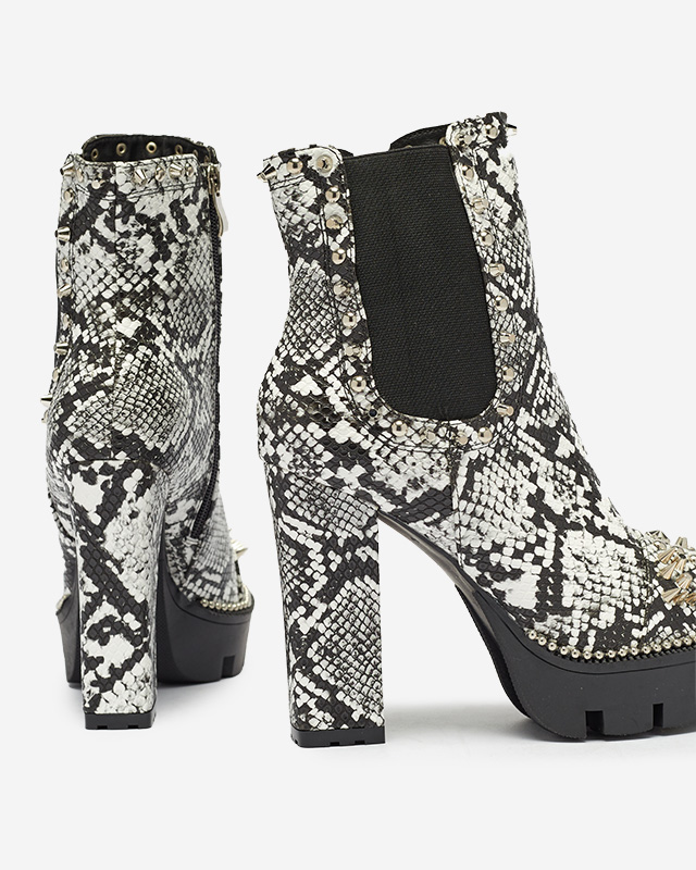 Schwarz-weiße, isolierte, verzierte und geprägte Damenstiefel Tegis - Footwear