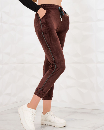 Royalfashion Braune Velours-Damen-Sweatpants mit Zirkonen