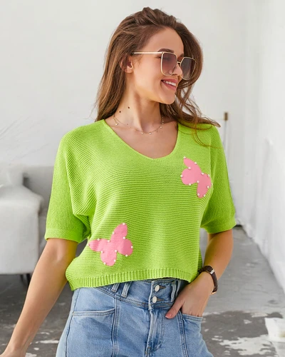 Royalfashion Damen Baumwollkurzpullover mit Schmetterlingen