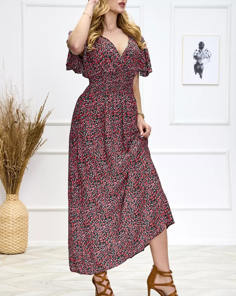 Schwarzes langes Damenkleid mit Blumendruck - Kleidung