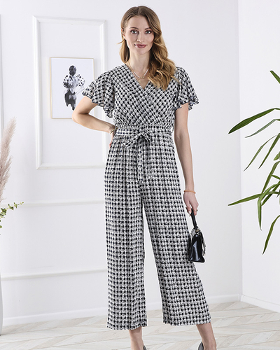 Gemusterter langer Damenanzug mit Bindeband in marineblau- Kleidung