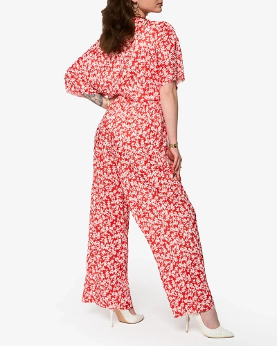 Rotes Damenset mit Plissee und schwarzen Blumen - Kleidung