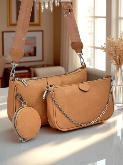 Damenhandtasche Aurora Multi aus Öko-Leder hellbraun Kette Reißverschluss