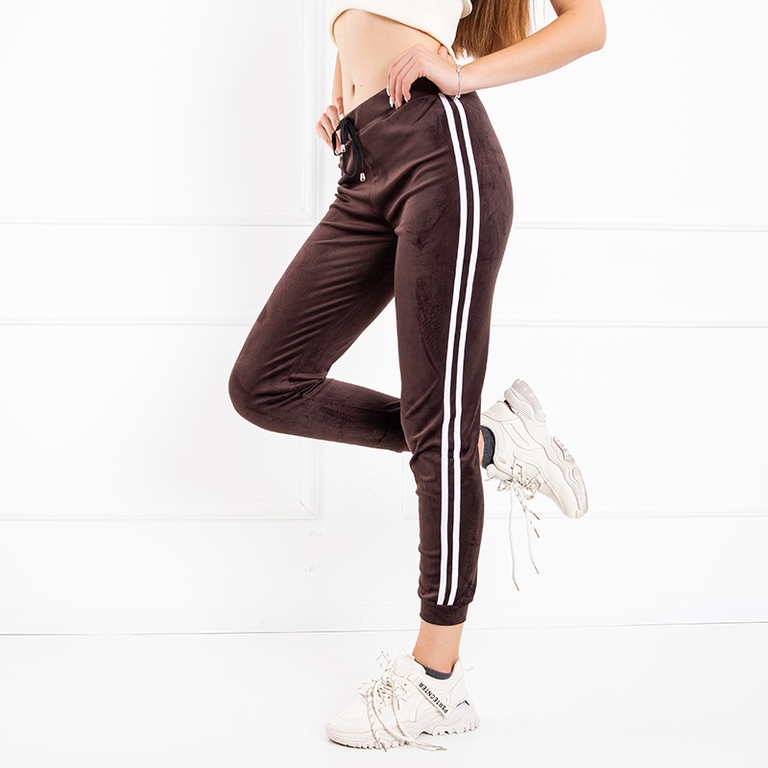 Dunkelbraune Velours-Trainingsanzüge für Damen mit weißen Streifen - Kleidung