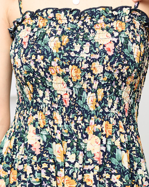 Темно-синя блузка з квітковими бретелями - Одяг