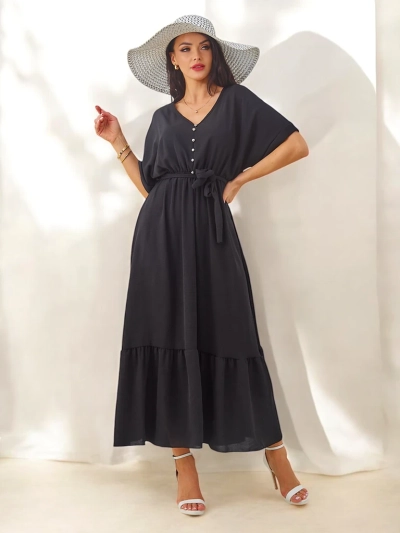 Royalfashion Damen-Midikleid mit kurzen Ärmeln und dekorativen Knöpfen